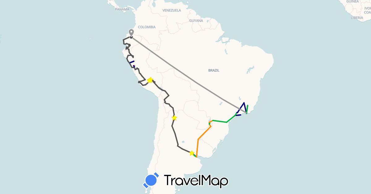 TravelMap itinerary: driving, bus, plane, hiking, hitchhiking, motorbike in Argentina, Barbados, Bolivia, Brazil, Ecuador, Peru (North America, South America)